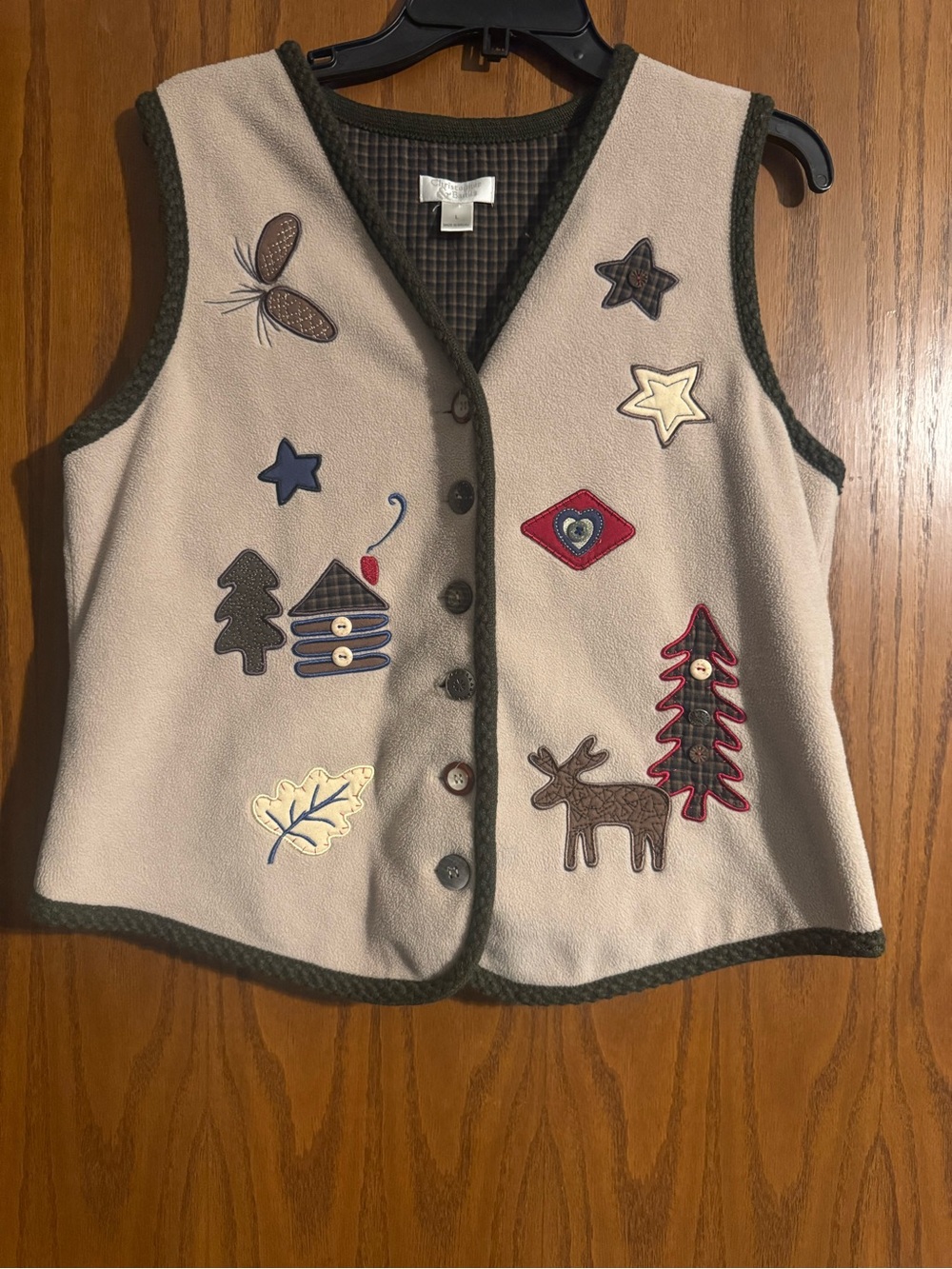 Christopher & Banks Beige Fleece Vest with Woodland Appliqués